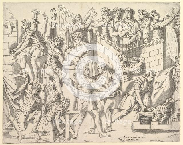 Speculum Romanae Magnificentiae: Roman Soldiers Fortifying their Camp, from Trajan..., 16th century. Creator: Marco Dente.