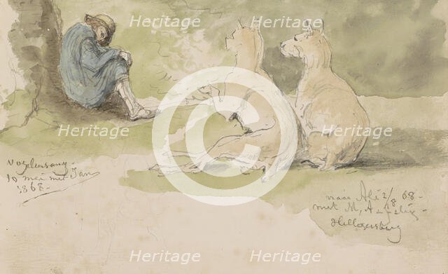 Man sitting against a stump with two dogs, 1868. Creator: Johannes Tavenraat.