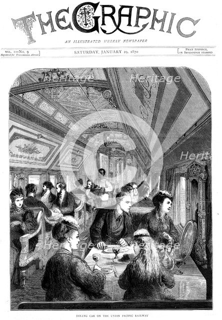 Dining car on the Union Pacific Railroad, USA, 1870. Artist: Unknown