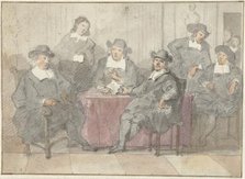 Group portrait of six men sitting and standing around a table, 1700-1800. Creator: Anon.
