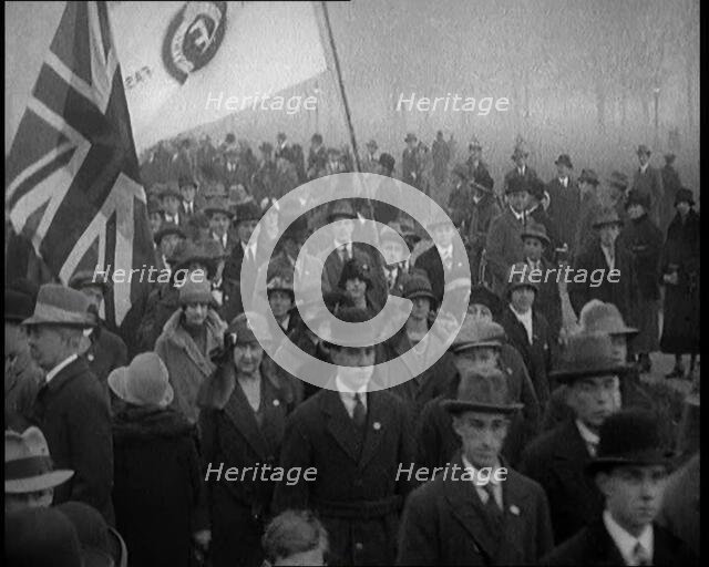 A Crowd of People Carrying Flags. Flags read  'British Fascists', 1924. Creator: British Pathe Ltd.