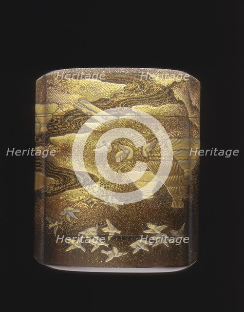 Maki-e lacquer inro with rice stacks and birds, late Edo period, Japan, late 18th century. Artist: Unknown