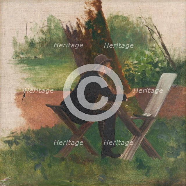 The artist Mednyánszky painting en plein air, c1900. Creator: Ferdinand Katona.