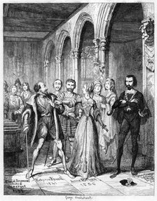 Queen Jane interposing between Northumberland and Simon Renard, 1553 (1840).Artist: George Cruikshank