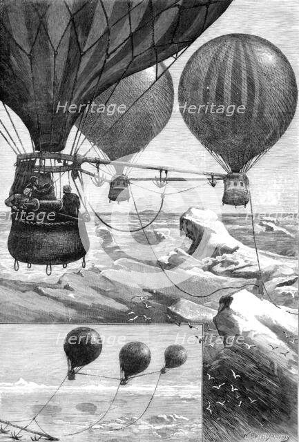 Proposed method of reaching the North Pole by balloons: balloons starting - balloons at anchor, 1880 Creator: Unknown.