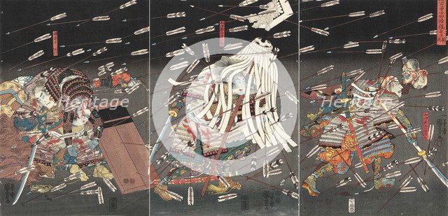 The last stand of the Kusunoki at Shijonawate (Nanke yushi shijonawate nite uchijini), c.1851. Creator: Kuniyoshi, Utagawa (1797-1861).