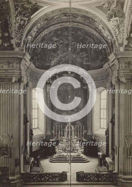 Parish Church of the Corpus Christi - presbytery with main altar retable, Nyasvizh, around 1930. Creator: Boleslaw Tauroginski.