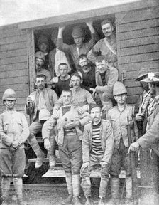 Soldiers of the 18th Hussars on the train to Pretoria, South Africa, Boer War, 1900. Artist: Unknown