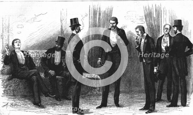 ''A Peep into the Smoking- Room at the Theatre', 1890. Creator: Unknown.