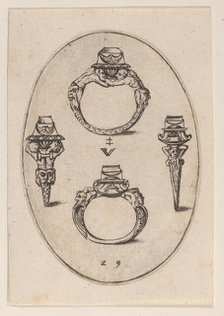 Designs for Four Rings, Plate 29 from 'Livre d'Aneaux d'Orfevrerie', 1561. Creator: Pierre Woeiriot.