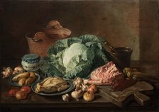 A kitchen still life with meat and vegetables on a table top. Creator: Ceruti, Giacomo Antonio (1698-1767).