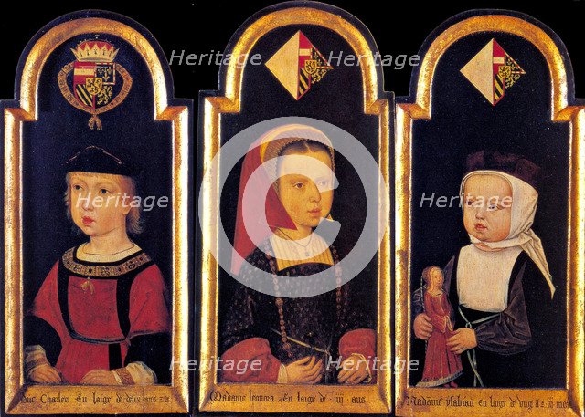 Archduke Charles, the later Holy Roman Emperor Charles V., with his sisters Eleanor and Isabella at the age of 2 years, 1502. Artist: Master of St.Georgsgilde (active ca 1500)