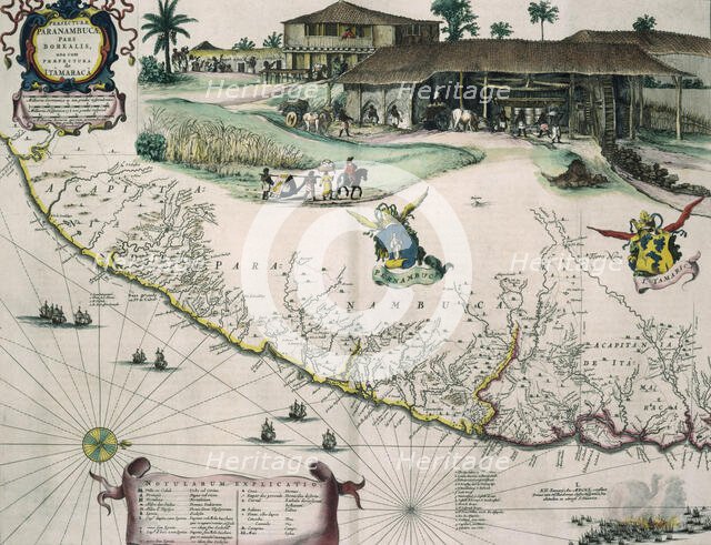 Dutch map of Brazil, with view of a sugar plantation, c1720. Creator: Unknown.