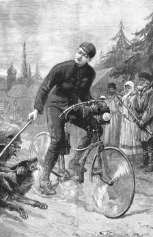 ''Lieutenant George Martos Riding a Bicycle from St. Petersburg to Paris and being Attacked by Dogs  Creator: Unknown.