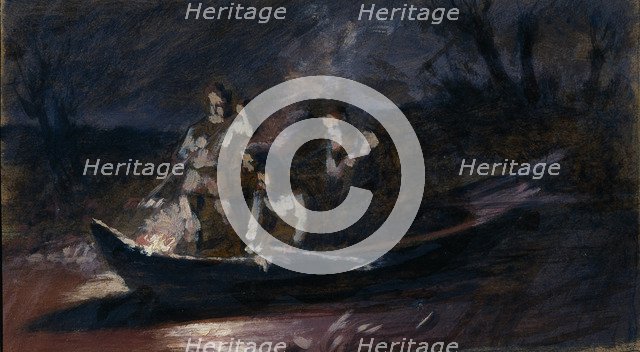 Night spear fishing, 1870s. Artist: Perov, Vasili Grigoryevich (1834-1882)