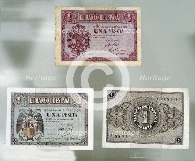 Spanish Civil War (1936-1939). Banknotes issued in Burgos in 1937 and 1938, by the national side …