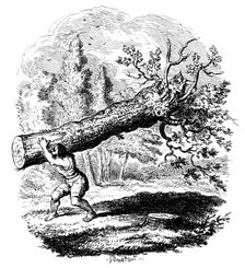 Man carrying a large tree trunk on his shoulder, 19th century.Artist: George Cruikshank