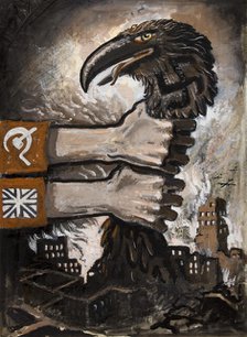 British and Soviet arms grasping neck of predatory bird arising from the..., between 1939 and 1946. Creators: Unknown, Central Office of Information.