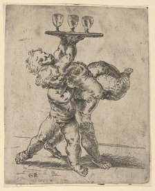 Two naked boys carrying a third who supports a tray with three goblets, after Ren..., ca. 1600-1640. Creator: Anon.