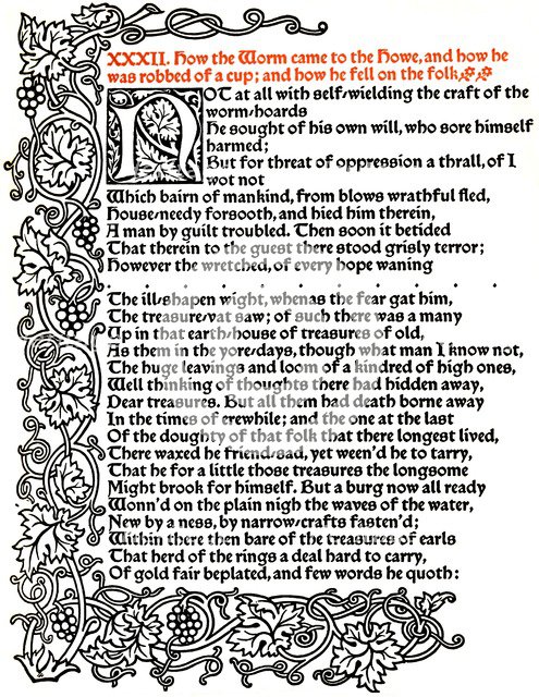 'Kelmscott Press: Page from The Tale of Beowulf Printed in the Troy Type', c.1895, (1914).  Artist: William Morris.