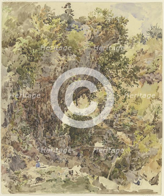 Mountain landscape with a bridge and many figures, a magnificent rock formation..., c1841-47. Creator: Johann Nepomuk Rauch.