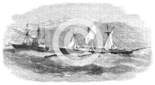 "The Rover's Bride" abandoned at sea - boat of the Royal Mail Steamer "Atrato" boarding, 1857. Creator: Unknown.