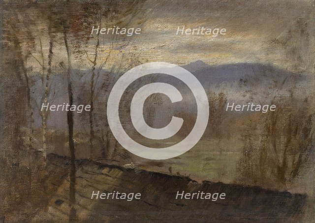 Evening landscape with river, c. 1880. Creator: Mednyanszky, Laszlo (1852-1919).