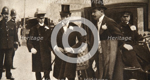 Winston Churchill arriving at the doors of St Margaret's, Westminster, on his wedding day, 1908. Creator: Unknown.