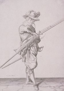 Figure in military clothing holding a musket and wearing a sword, 1607. Artist: Anon