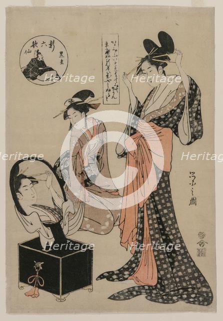 Courtesan Before a Mirror Adjusting Her Hairpins (from the series A New Series of the Six..., mid 17 Creator: Ch?bunsai Eishi (Japanese, 1756-1829).