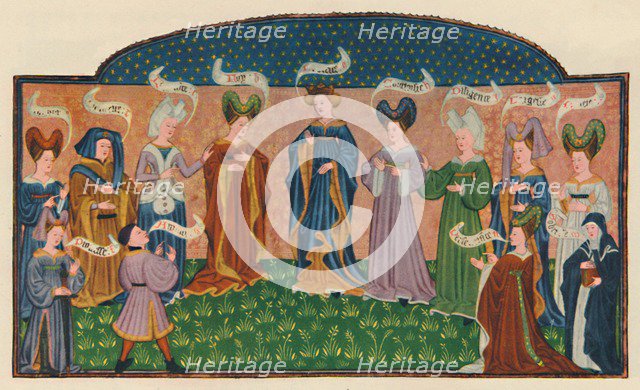 Allegorical figures in court dress, 1445, (1948).  Creator: Unknown.