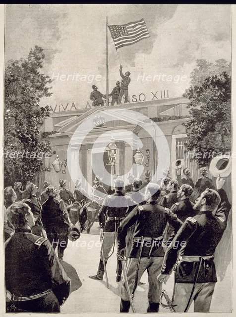 Surrender of Santiago de Chile, the American flag is raised on the governor's palace before Gener…