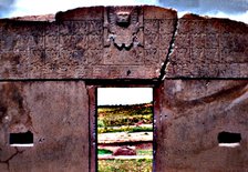 Detail of the 'Sun door' in the ruins of Tiwanaku, construction prior to the Incas.