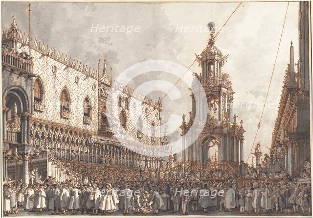 The "Giovedì Grasso" Festival before the Ducal Palace in Venice, 1765/1766. Creator: Canaletto.
