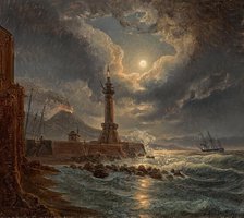 Lighthouse in the harbor of Naples in the moonlight, 1827. Creator: Joseph Rebell.