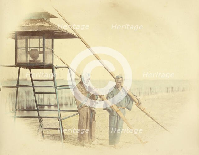 Two Men with Oars Standing Next to a Lantern, 1866-1867. Creator: Felice Beato.