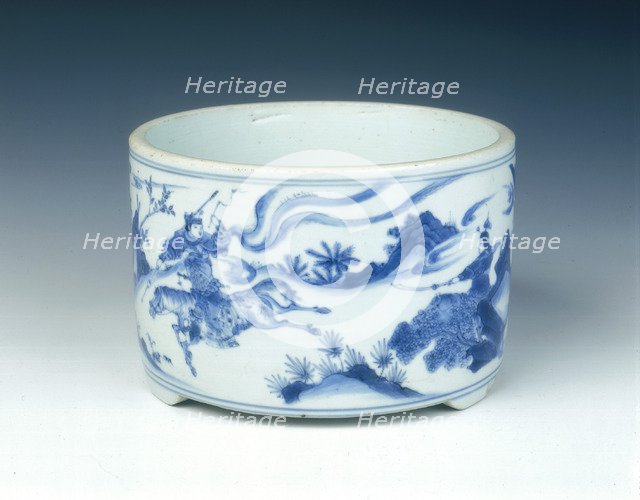 Blue and white incense burner with warriors, Ming dynasty, China, c1630-1644. Artist: Unknown