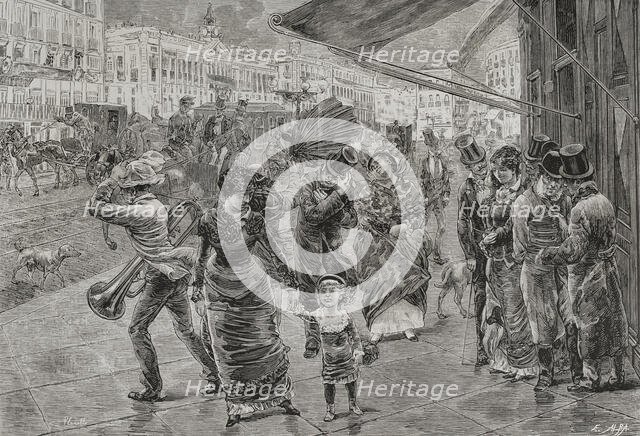 "Puerta del Sol" (Gate of the Sun), Madrid, 1878. People walking surprised by the wind.  Creator: Enrique Alba.
