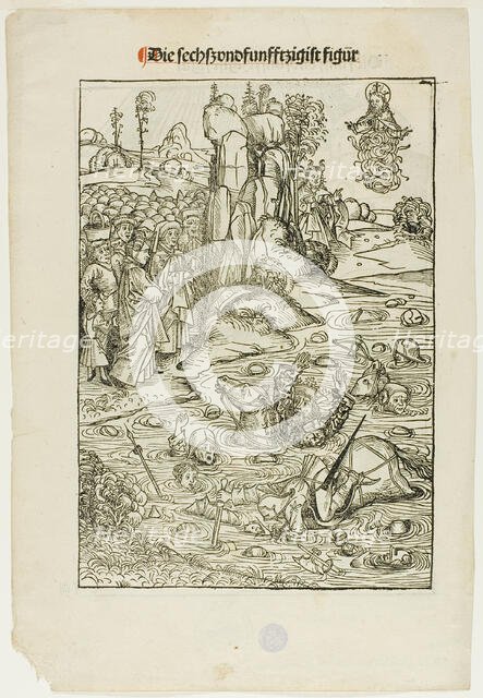 Pharoah and His Host Perishing in the Red Sea (verso); The Freeing of King Joachim..., 1491. Creator: Michael Wolgemut.