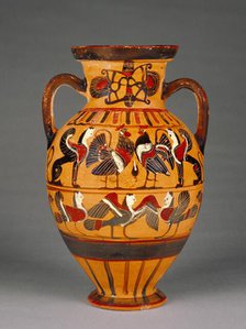 Attic Black-Figure Amphora ("Tyrrhenian"), 555-550 BC.   Creator: Pointed Nose Painter.