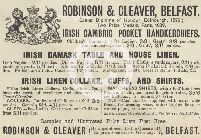 Robinson & Cleaver Linens, 1893. Artist: Unknown