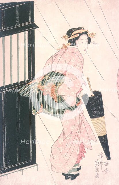 Geisha in Rain, 19th century. Creator: Ikeda Eisen.