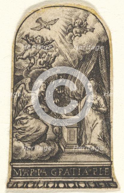 Annunciation, Mary kneels at a lectern as Gabriel approaches on a cloud from the ..., ca. 1580-1600. Creator: Johann Theodor de Bry.