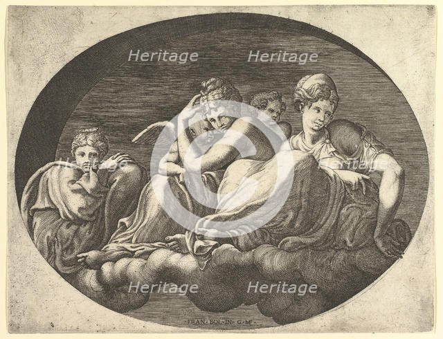 Venus and Cupid, Two Other Goddesses, and a Putto, from a series of eight compositions af..., 1560s. Creator: Giorgio Ghisi.