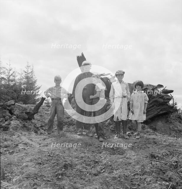 Mrs. Arnold and her children before the stump pile, Michigan Hill, Thurston County, Washington, 1939 Creator: Dorothea Lange.