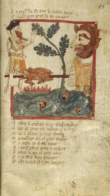 King Arthur finds a giant roasting a pig, mid 14th century.  Creator: Wace.