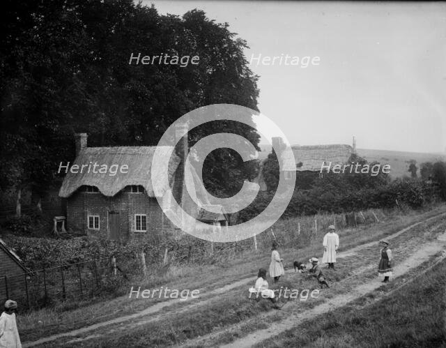 Some children playing with a dog on a rutted track, West Ilsley, West Berkshire, 1900. Creator: Henry Taunt.