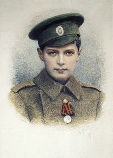 Tsarevich Alexei as a lance-corporal of the Russian Army, 1917. Artist: Anon