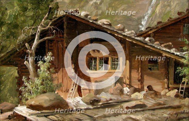 Farmhouses in Meiringen in Switzerland, 1835. Creator: Thomas Fearnley.