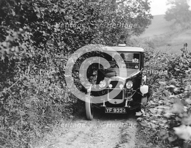 Austin 12/4 Windsor saloon taking part in the North West London Motor Club Trial, 1 June 1929. Artist: Bill Brunell.
